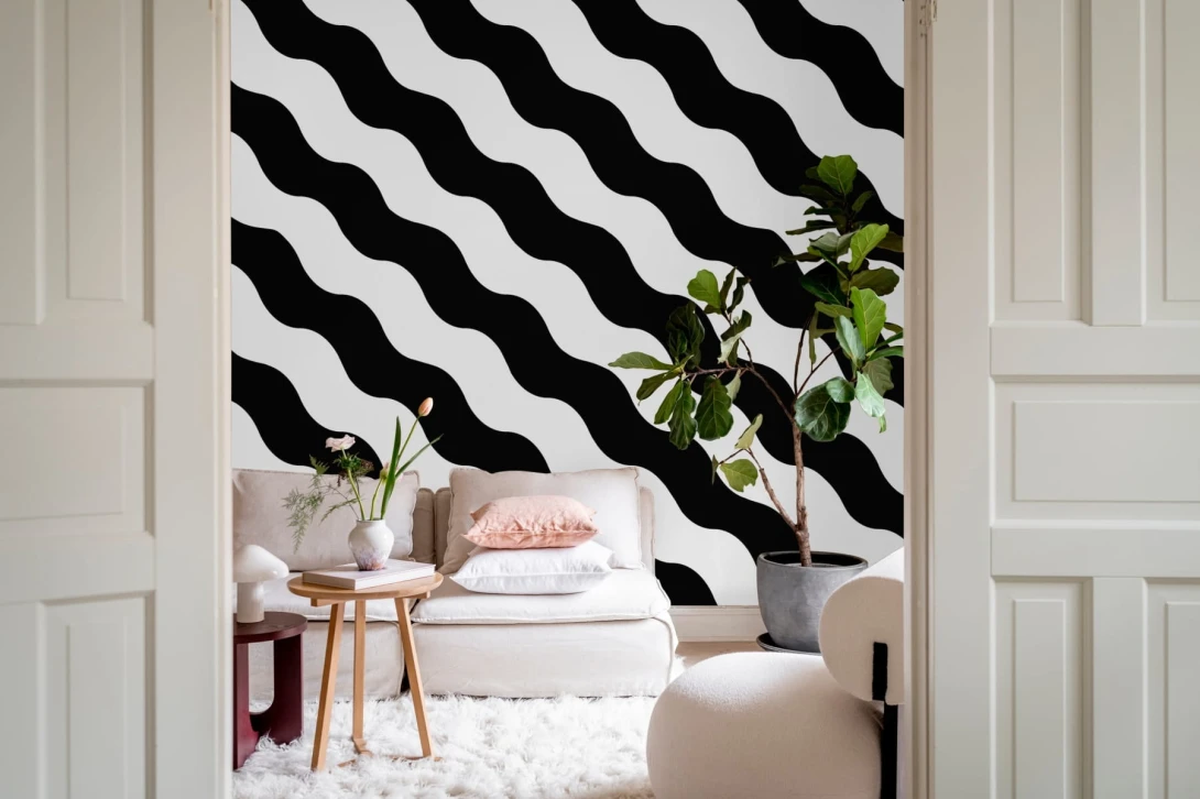 Rebel Walls R20042 Happy Socks Polka Stripe Black & White - mural w falowane paski