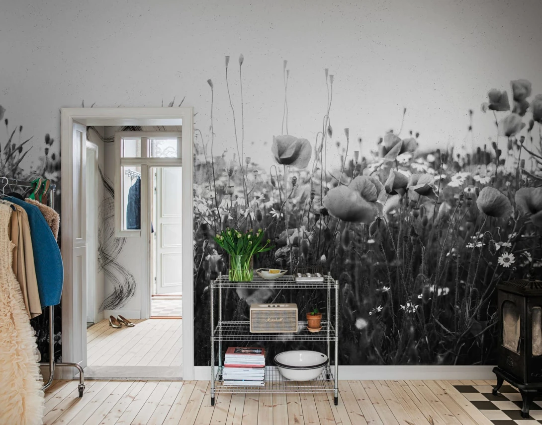 Rebel Walls R18871 Mystic Shades Poppy Field Black & White - mural w maki na łące