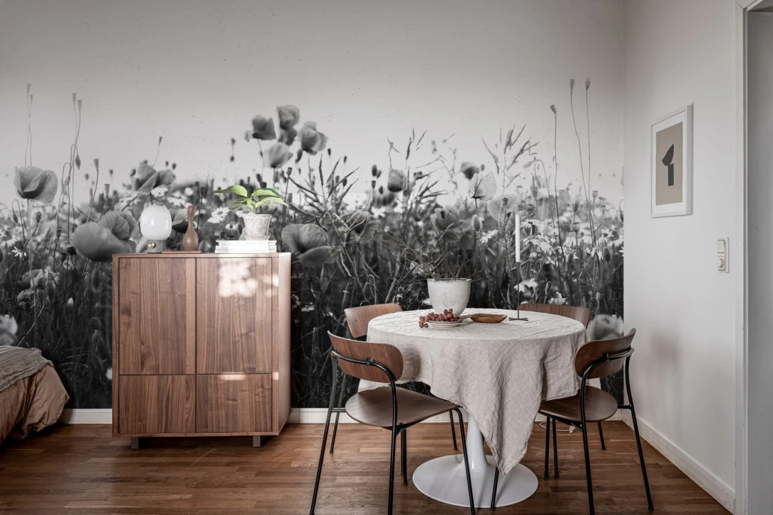 Rebel Walls R18871 Mystic Shades Poppy Field Black & White - mural w maki na łące