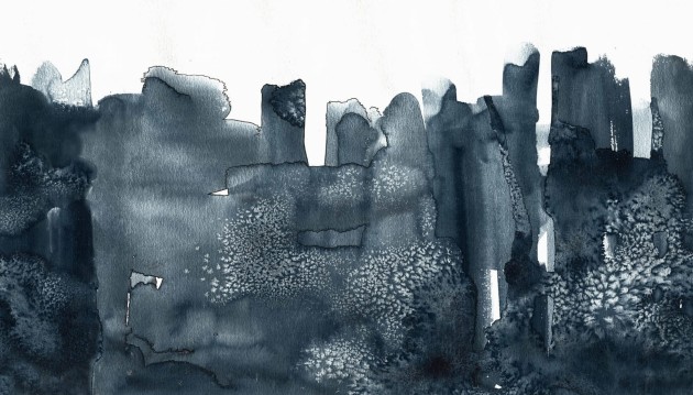 Rebel Walls R20177 Mystic Shades Watercolor City Blue - mural w akwarelowy i abstrakcyjny pejzaż miejski