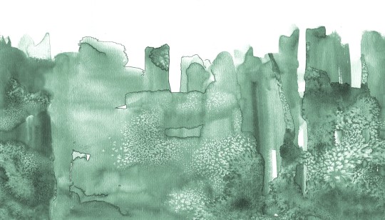 Rebel Walls R20179 Mystic Shades Watercolor City Green - mural w akwarelowy i abstrakcyjny pejzaż miejski