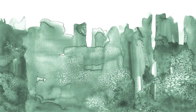 Rebel Walls R20179 Mystic Shades Watercolor City Green - mural w akwarelowy i abstrakcyjny pejzaż miejski