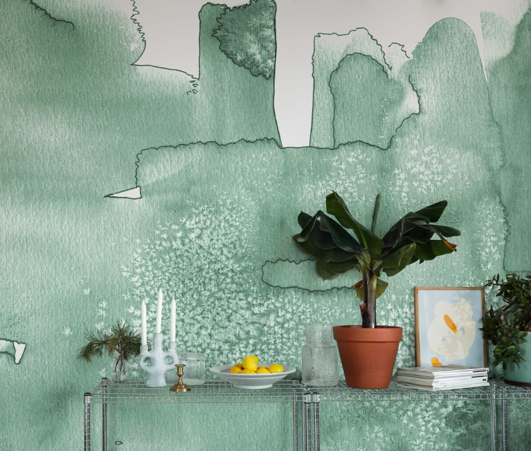 Rebel Walls R20179 Mystic Shades Watercolor City Green - mural w akwarelowy i abstrakcyjny pejzaż miejski