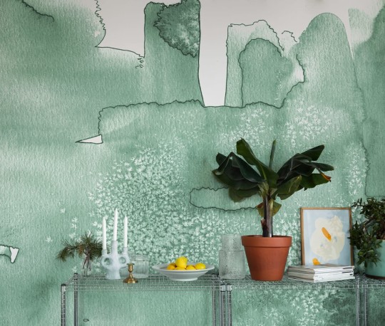 Rebel Walls R20179 Mystic Shades Watercolor City Green - mural w akwarelowy i abstrakcyjny pejzaż miejski