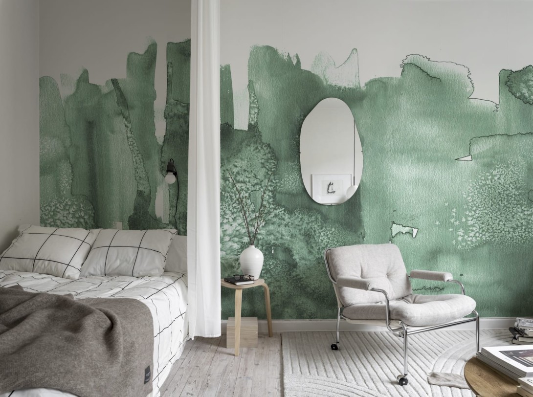 Rebel Walls R20179 Mystic Shades Watercolor City Green - mural w akwarelowy i abstrakcyjny pejzaż miejski