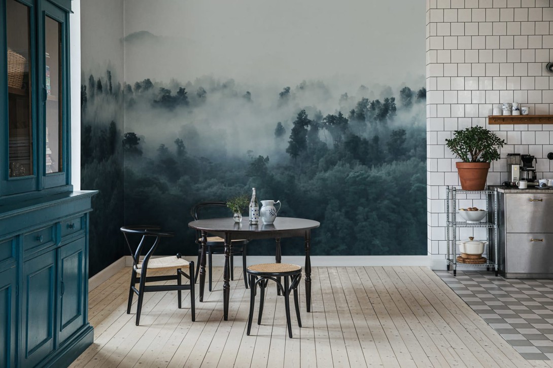 Rebel Walls R18863 Mystic Shades Misty Woodland Blue - mural w zamglony las