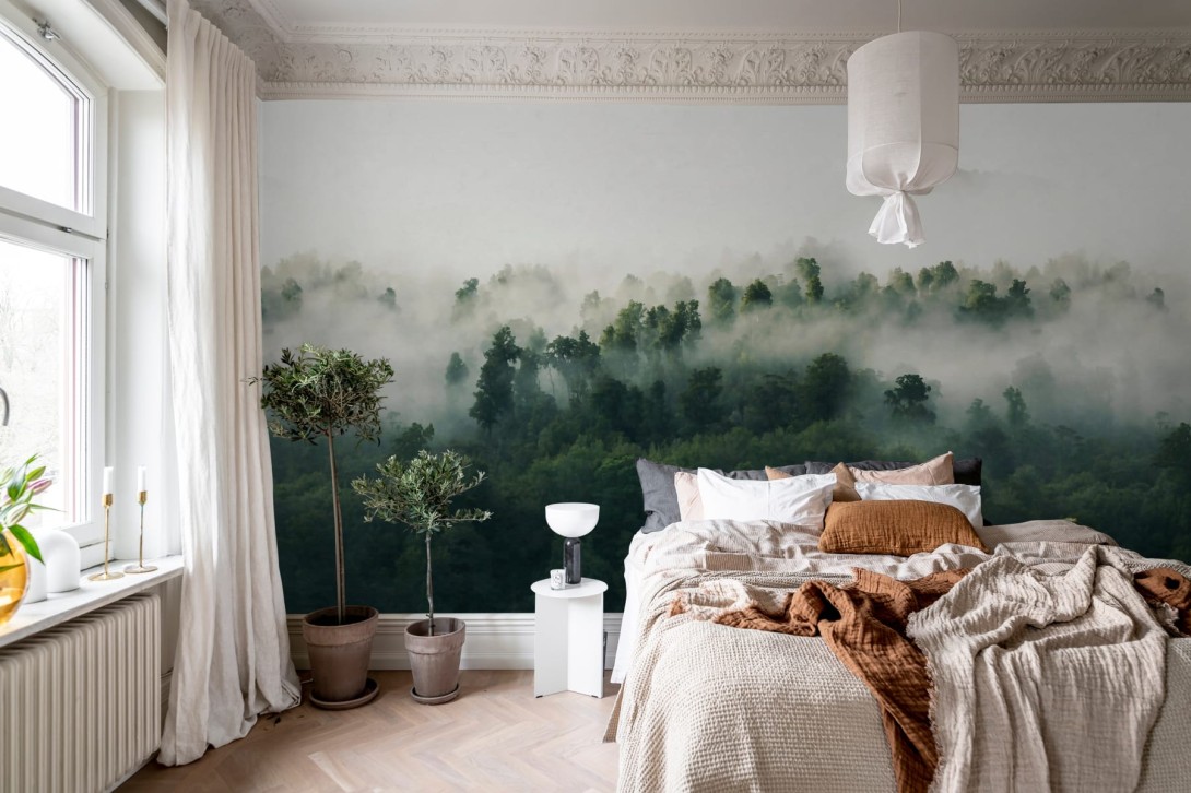 Rebel Walls R18864 Mystic Shades Misty Woodland Green - mural w zamglony las