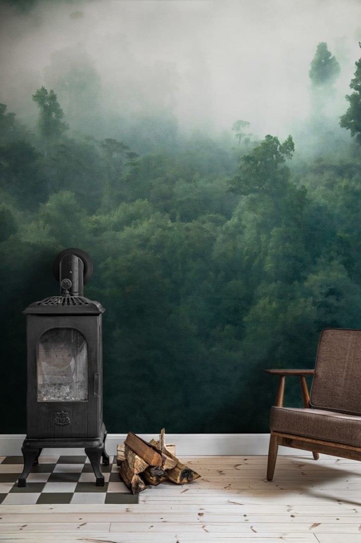 Rebel Walls R18864 Mystic Shades Misty Woodland Green - mural w zamglony las