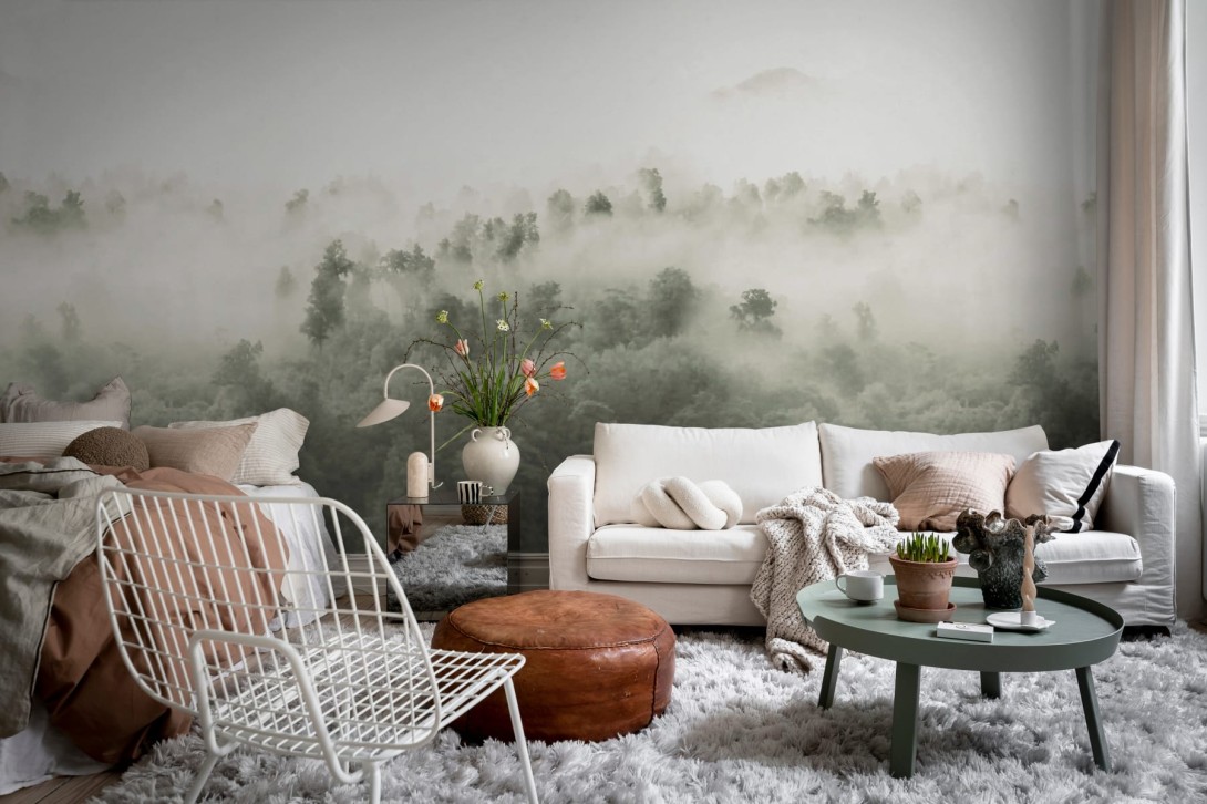 Rebel Walls R18865 Mystic Shades Misty Woodland Light Green - mural w zamglony las