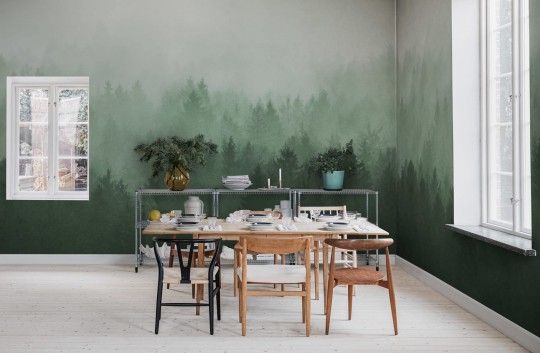 Rebel Walls R18866 Mystic Shades Cloudy Forest Green - mural w zamglony las