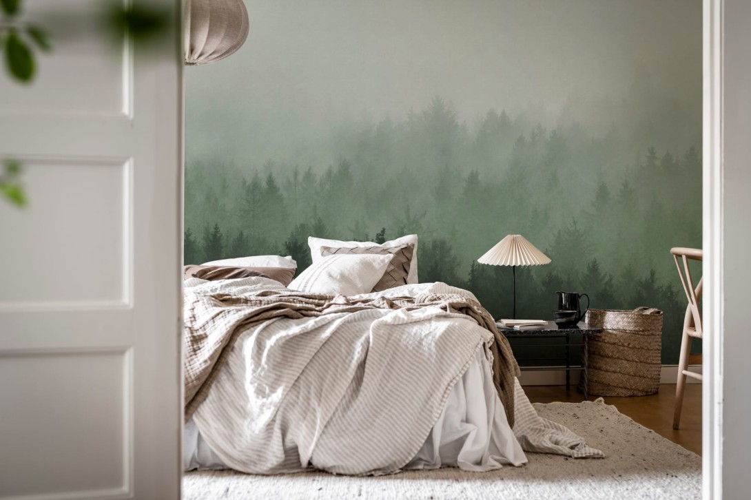 Rebel Walls R18866 Mystic Shades Cloudy Forest Green - mural w zamglony las