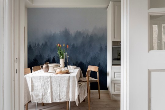 Rebel Walls R18868 Mystic Shades Cloudy Forest Blue - mural w zamglony las