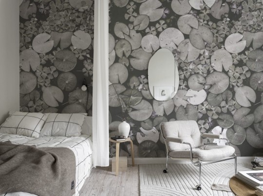 Rebel Walls R18844 Mystic Shades Water Lilies Black & White - mural w lilie wodne