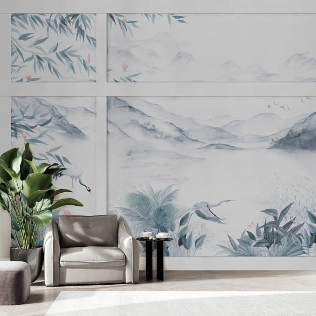 Les Dominotiers DOM_2036 Volume 11 Wall Panelling Charles Mist - mural w delikatny górski pejzaż w formie boazerii angielskiej