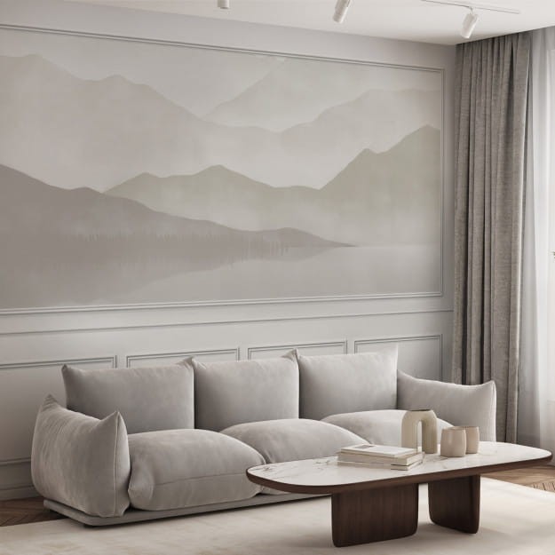 Les Dominotiers DOM_2018 Volume 11 Wall Panelling Lucien Lake - mural imitujący francuskie listwy ścienne w górski pejzaż w tle