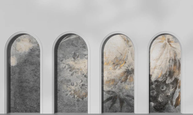 Wall Art Libra Light Grey Harmony Ash - mural w architektoniczny motyw i kwiaty