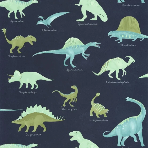 Caselio 105706060 Les Minis Mondes Jurassique Bleu nuit - tapeta dla dzieci w dinozaury