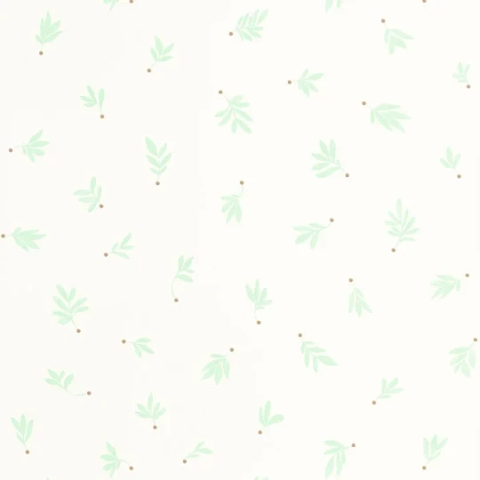 Caselio 105757126 Les Minis Mondes Cueillette Vert d'eau - tapeta w roślinny motyw i złote kropki