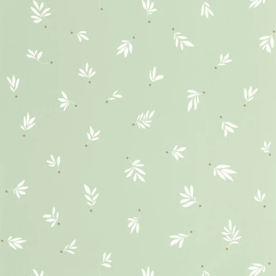 Caselio 105757017 Les Minis Mondes Cueillette Vert amande - tapeta w roślinny motyw i złote kropki