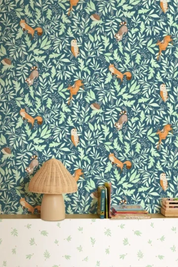 Caselio 105746009 Les Minis Mondes Balade En Foret Bleu - tapeta dla dzieci w rośliny i zwierzęta