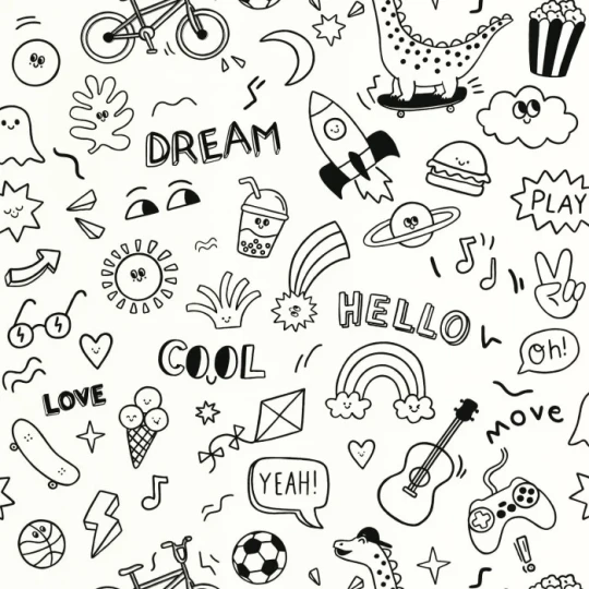 Caselio 105829090 Les Minis Mondes A Vos Crayons Noir - tapeta dla dzieci w komiksowe ilustracje i napisy
