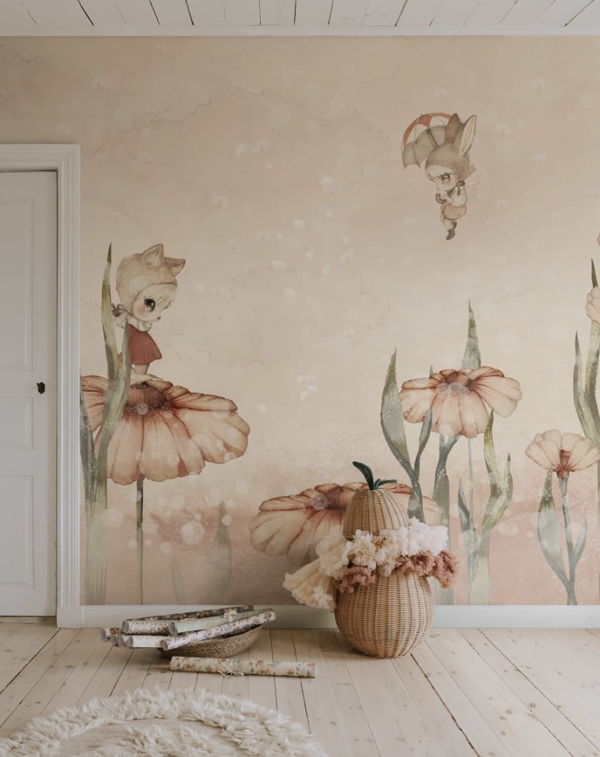 Rebel Walls R20299 Mrs Mighetto Bloomy Fields Of Marion Pink -  mural dla dzieci w kwiaty