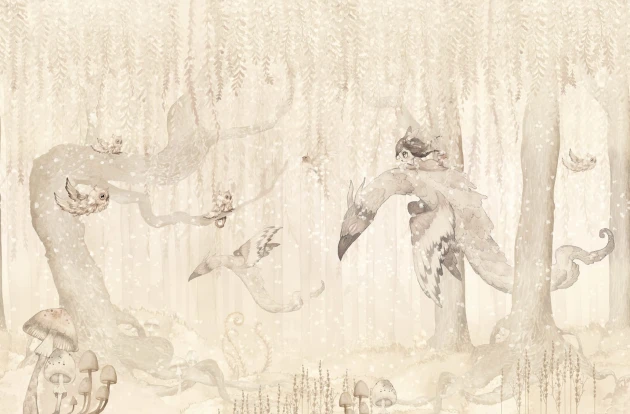 Rebel Walls R20291 Mrs Mighetto Dream Forest Girl Off White - mural dla dzieci w leśny pejzaż