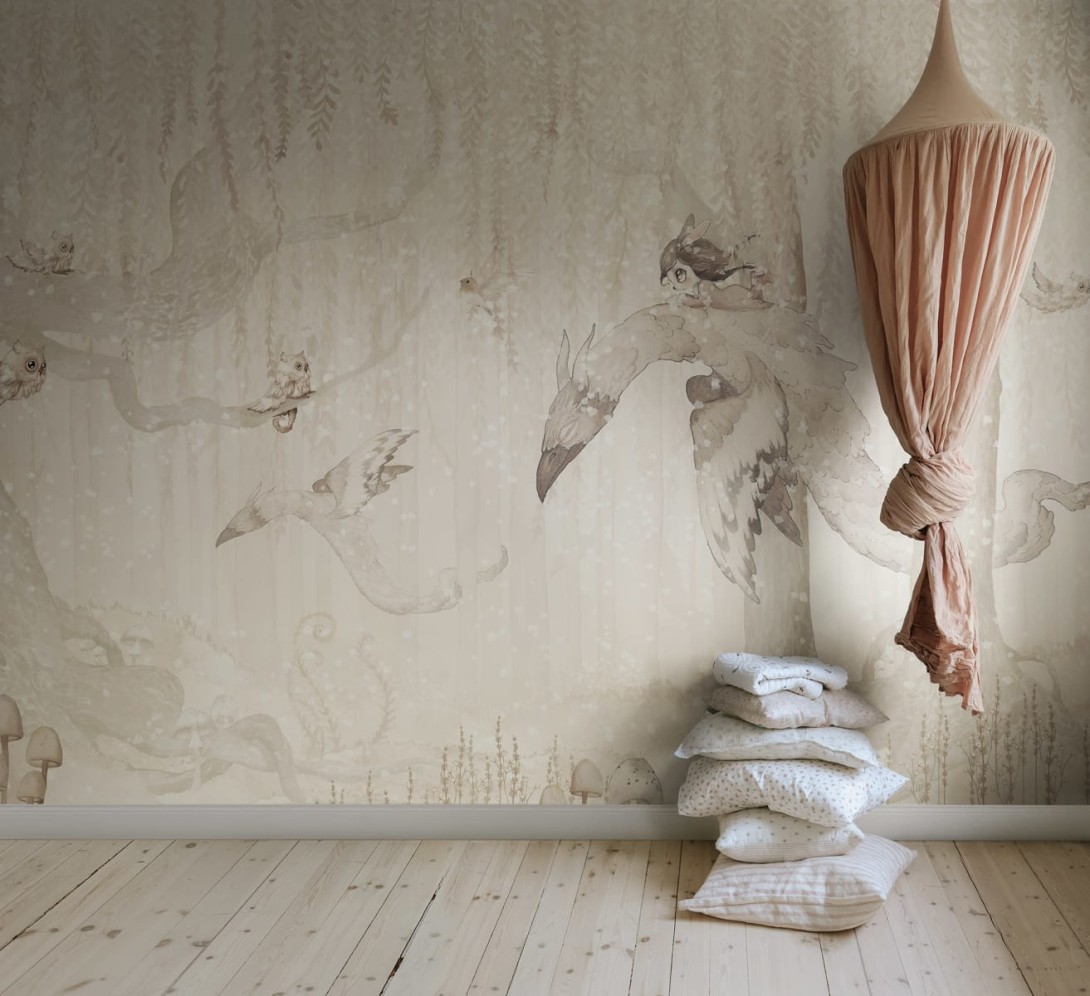Rebel Walls R20291 Mrs Mighetto Dream Forest Girl Off White - mural dla dzieci w leśny pejzaż