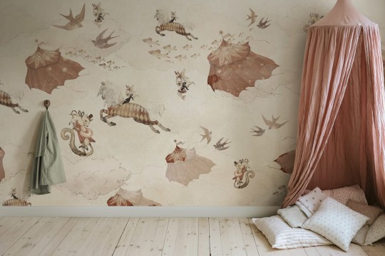 Rebel Walls R20294 Mrs Mighetto Flying Circus Sandy White - mural dla dzieci w motyw cyrku
