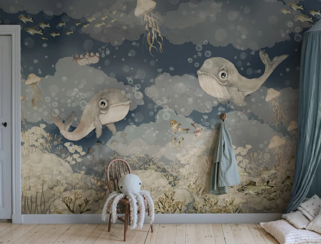 Rebel Walls R20403 Mrs Mighetto Water Song Deep Blue - mural dla dzieci w morski motyw