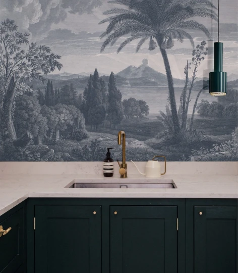 Wallcolors TAP-9003 Vintage Therapy Tropical Volcano Vista Blue - mural w egzotyczny pejzaż