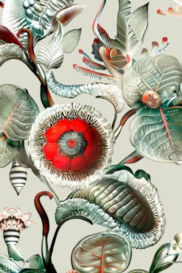 Arte MO5000 Moooi Wallcovering Green House Coccinella Bella Stone Grey - tapeta w roślinne ornamenty i biedronki