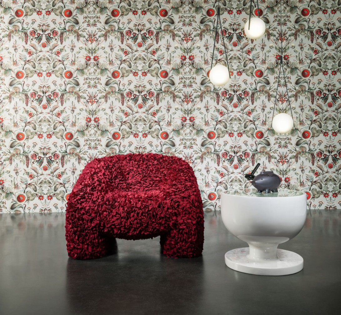 Arte MO5000 Moooi Wallcovering Green House Coccinella Bella Stone Grey - tapeta w roślinne ornamenty i biedronki