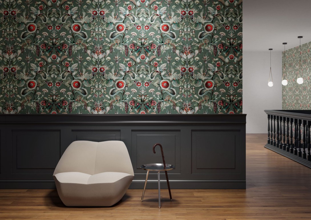 Arte MO5001 Moooi Wallcovering Green House Coccinella Bella Sage Green - tapeta w roślinne ornamenty i biedronki