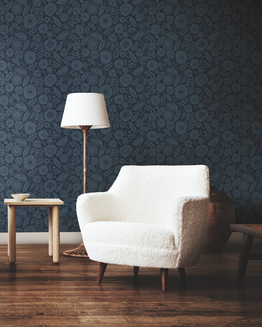 York LM5396 Lemieux Et Cie Signature Camille Blossom Indigo - tapeta w minimalistyczne liście