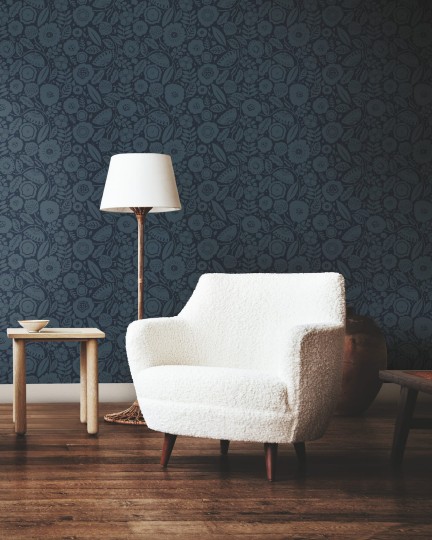 York LM5396 Lemieux Et Cie Signature Camille Blossom Indigo - tapeta w minimalistyczne liście