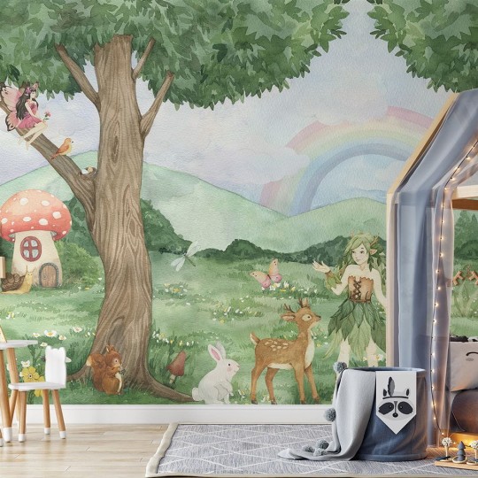 Yokodesign W54 Bajkowa Kraina - tapeta dla dzieci w leśny krajobraz i tęczę
