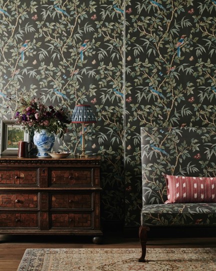 Colefax and Fowler W7021-02 Ashdown Ashdown Black - tapeta w roślinny motyw i ptaki