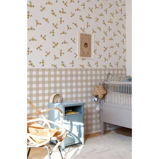 Dekornik DEKO.TAP.434 Rustic garden white - tapeta w łąkę kwiatów z lamperią w kratkę