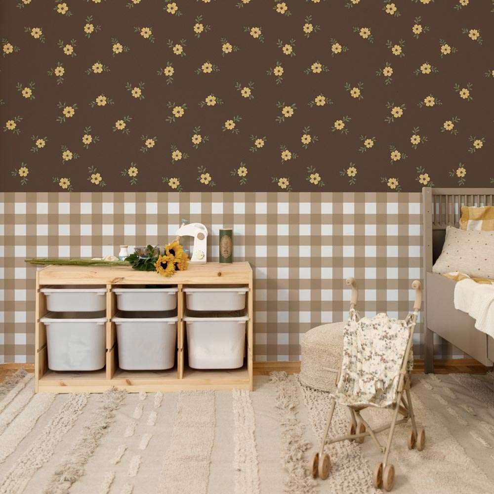 Dekornik DEKO.TAP.435 Rustic garden brown - tapeta w łąkę kwiatów z lamperią w kratkę