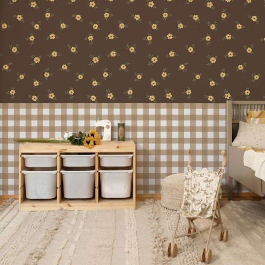 Dekornik DEKO.TAP.435 Rustic garden brown - tapeta w łąkę kwiatów z lamperią w kratkę