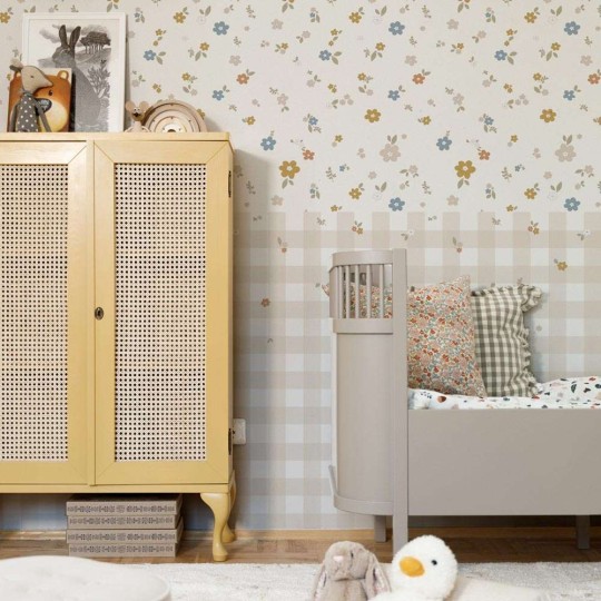 Dekornik DEKO.TAP.436 Boho meadow and check - tapeta w łąkę kwiatów z lamperią w kratkę