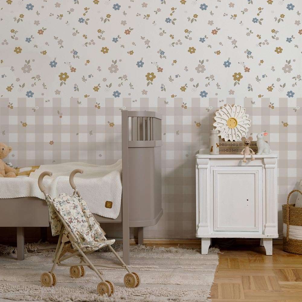 Dekornik DEKO.TAP.436 Boho meadow and check - tapeta w łąkę kwiatów z lamperią w kratkę