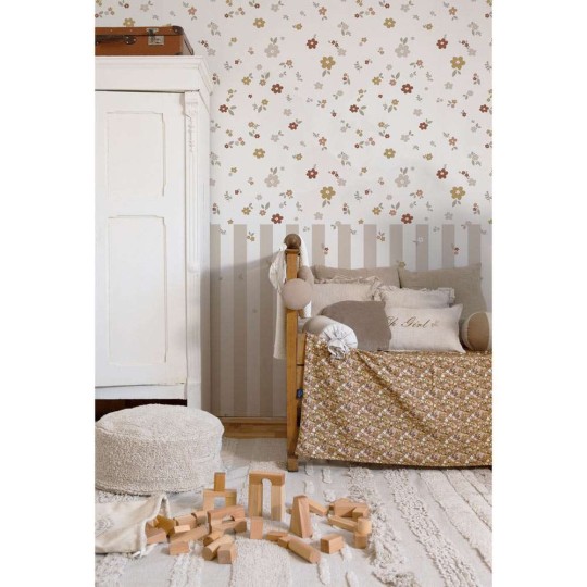 Dekornik DEKO.TAP.437 Boho meadow and stripe - tapeta w łąkę kwiatów z lamperią w paski