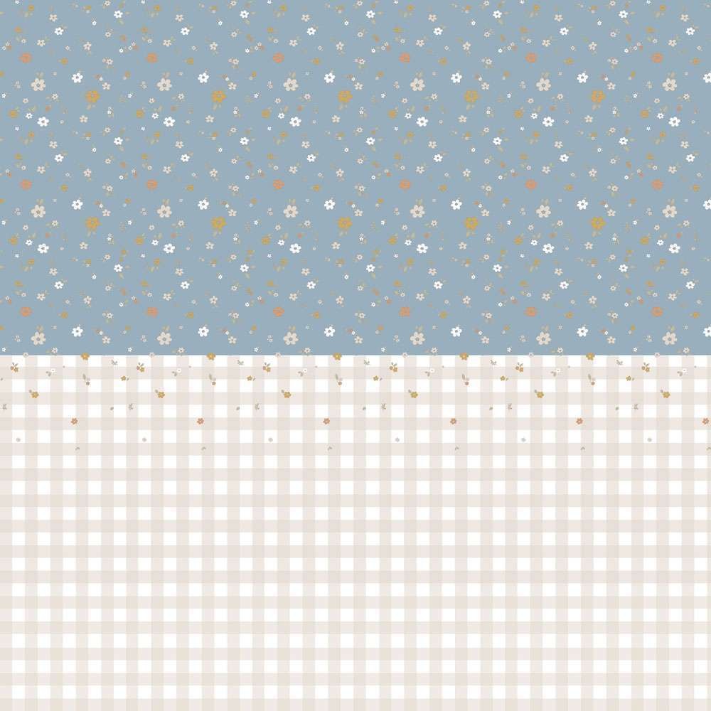 Dekornik DEKO.TAP.438 Boho meadow blue and check - tapeta w łąkę kwiatów z lamperią w kratkę