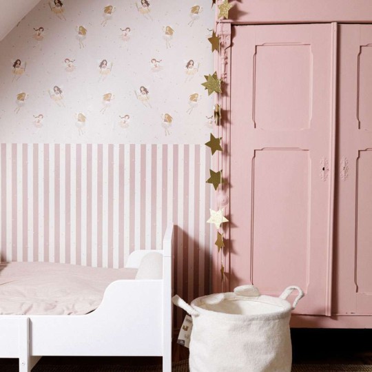 Dekornik DEKO.TAP.458 Fairies beige and stripes - tapeta wróżki z lamperią w paski