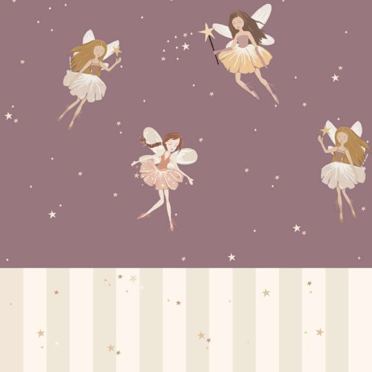 Dekornik DEKO.TAP.459 Fairies plum and stripes - tapeta wróżki z lamperią w paski