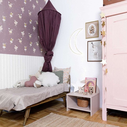 Dekornik DEKO.TAP.459 Fairies plum and stripes - tapeta wróżki z lamperią w paski