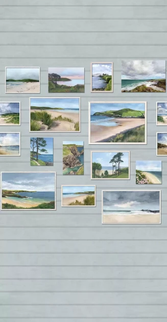 Osborne & Little W7681-02 Lamorran Seascape - tapeta imitująca drewnianą ścianę z oprawionymi zdjęciami