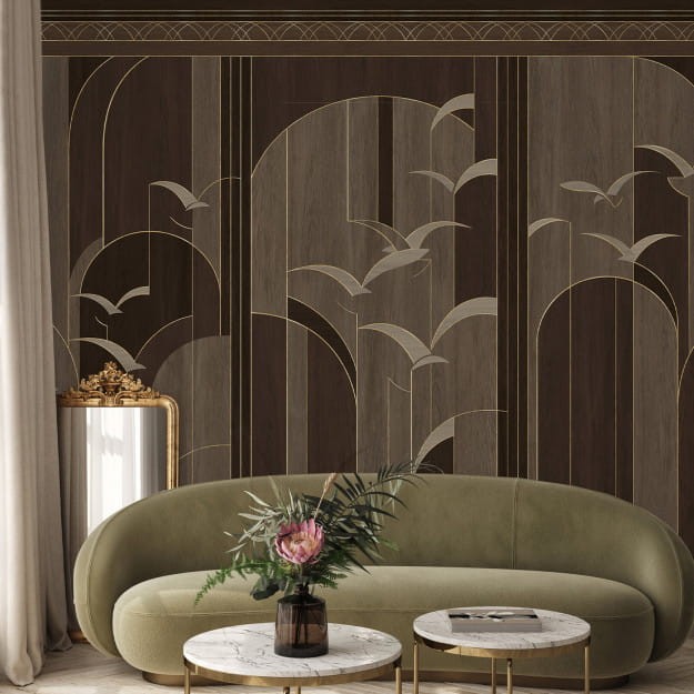 Les Dominotiers DOM4007 Art Deco Garigliano Or - mural w ptaki w geometrycznym stylu